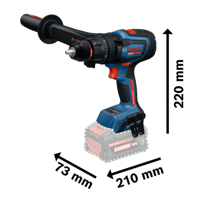 Broca elétrica sem fio BOSCH azul e preta com texto e dimensões em fundo branco