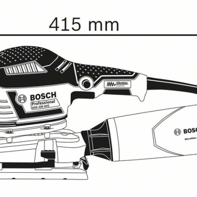 Esmerilhadora elétrica Bosch Professional com saco coletor de pó e dimensões indicadas.