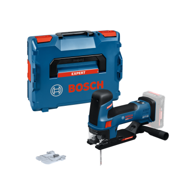 Serra de recortes elétrica azul e preta da Bosch com caixa de transporte