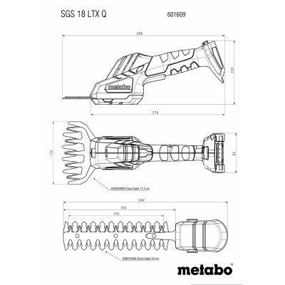 Desenho técnico da ferramenta elétrica Metabo SGS 18 LTX Q com medidas