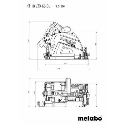 Desenho técnico de ferramenta elétrica Metabo com medidas e texto visível