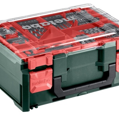 Caixa organizadora preta e vermelha com tampa transparente e fechos vermelhos