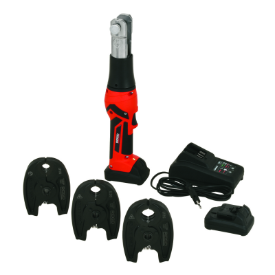 Ferramenta elétrica vermelha e preta com três matrizes, carregador e bateria preta.