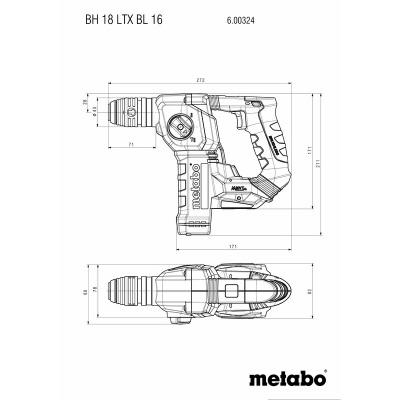 Desenho técnico de uma ferramenta elétrica Metabo com dimensões