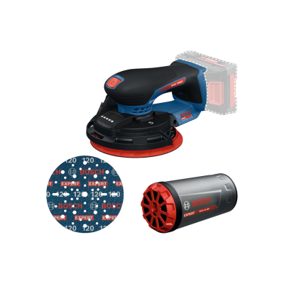 Lixadora Bosch sem fio azul e preta com disco abrasivo e filtro HEPA.