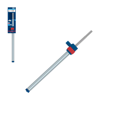 Mangueira metálica prateada com componentes azuis e vermelhos com embalagem azul