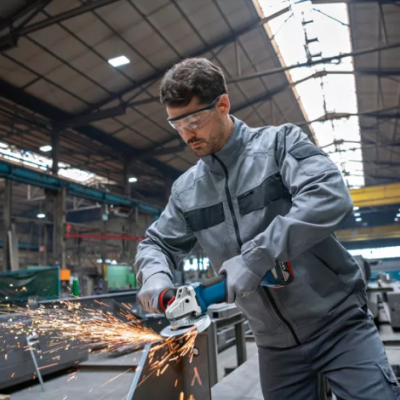 Homem com macacão e óculos a usar rebarbadora elétrica numa oficina industrial
