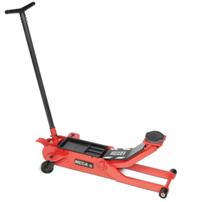 Macaco hidráulico vermelho com alavanca preta e rodas para elevação de veículos