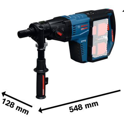Martelo pneumático Bosch azul e preto com punho lateral preto e detalhes vermelhos, mostrado com dimensões em mm.