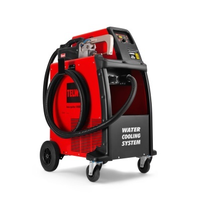 Máquina vermelha e preta com rodas e mangueira, com texto 'TELWIN' e 'WATER COOLING SYSTEM'