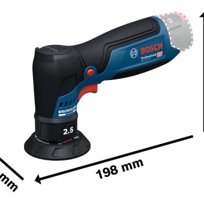 Aparelho Bosch portátil preto e azul com texto e medidas, sobre fundo branco.