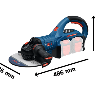 Esmeril angular sem fios azul e preto com disco cinzento e alça lateral preta