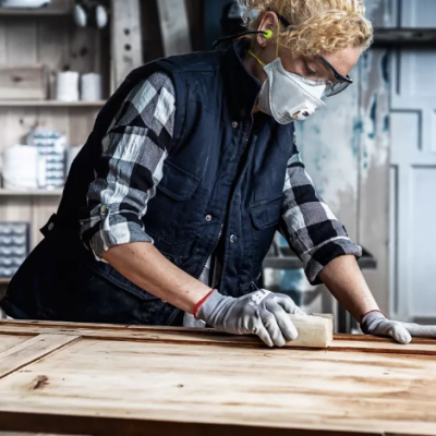 Homem a lixar uma porta de madeira numa oficina industrial