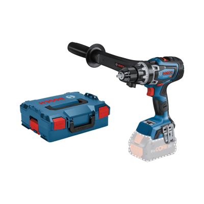 Conjunto berbequim aparafusador e mala de transporte Bosch azul com detalhes em preto e vermelho