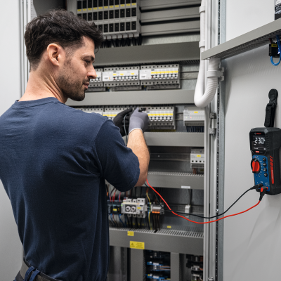 Multímetro digital Bosch em painel elétrico sendo usado por homem com t-shirt azul.