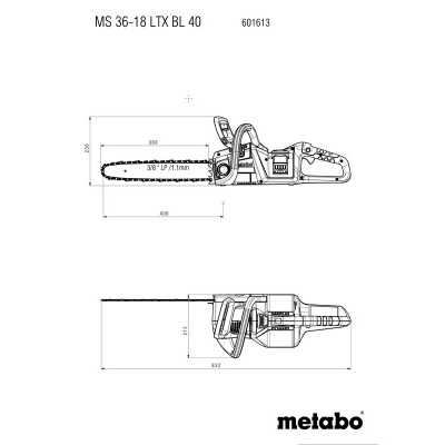 Desenho técnico preto e branco de motosserra com texto e dimensões