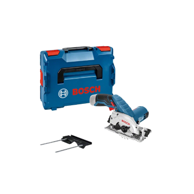 Serra circular elétrica Bosch azul com mala de transporte azul e acessório preto
