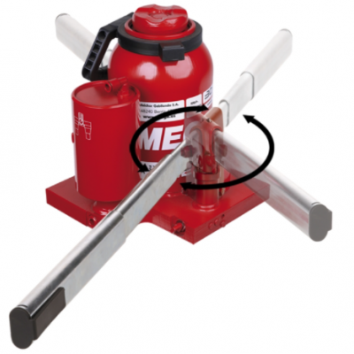 Macaco hidráulico com base vermelha e braços metálicos prateados