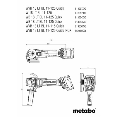 Desenho técnico detalhado de ferramenta elétrica Metabo com texto e medidas.