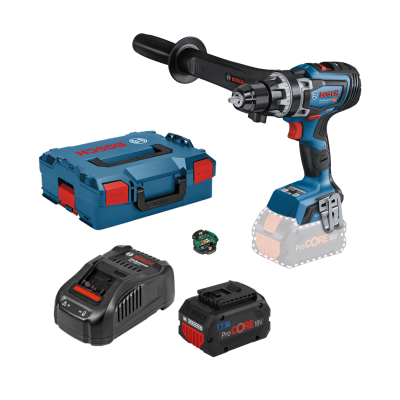 Conjunto de ferramenta Bosch com parafusadeira azul e preta, bateria, carregador e caixa de transporte azul.