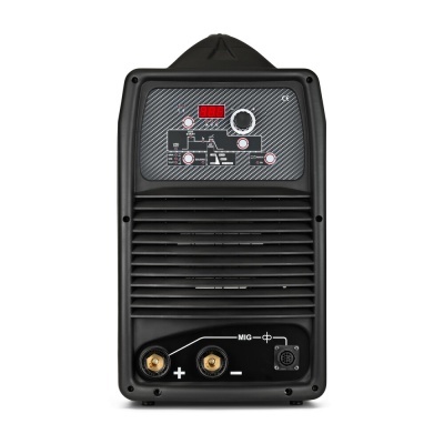 Aparelho de soldadura MIG preto com conectores e ecrã digital