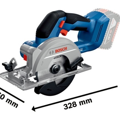 Serra circular a bateria Bosch azul e cinza com punho preto e lâmina preta.