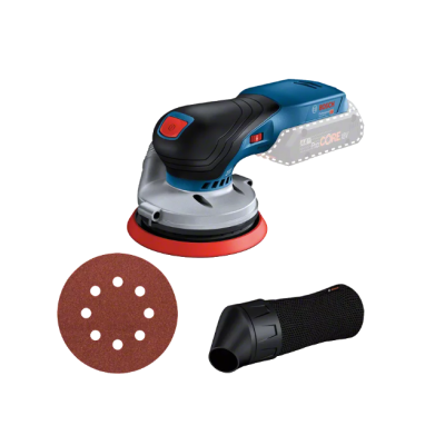 Máquina Bosch GEX 18V-125 azul e preta com disco abrasivo vermelho e acessório preto