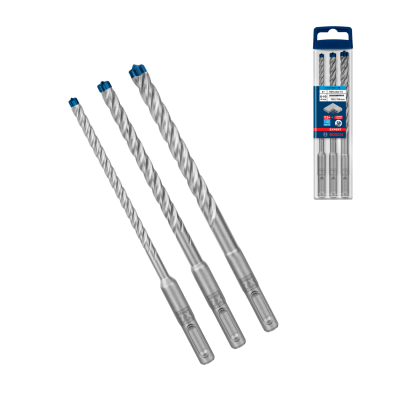 Conjunto de três brocas Bosch para martelo com cabeças azuis e embalagem plástica