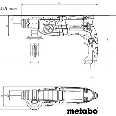 Desenho técnico ferramenta elétrica Metabo com medidas