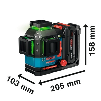 Medidor a laser Bosch azul, preto e vermelho com luz verde e bateria AMP Share