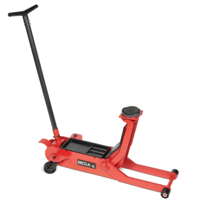 Macaco hidráulico automóvel vermelho com pega preta e etiqueta MEGA