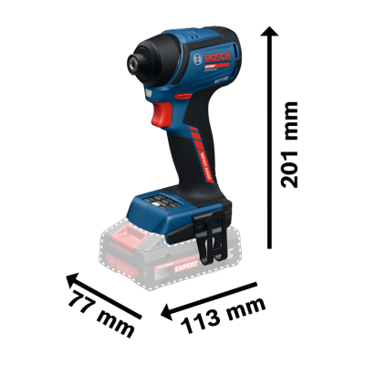 Ferramenta elétrica BOSCH EXPERT azul, vermelha e preta com dimensões 201x113x77 mm