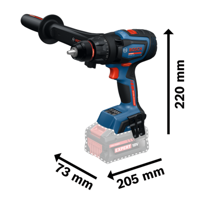 Parafusadora azul escuro Bosch com detalhes vermelhos e pretos e dimensões indicadas.