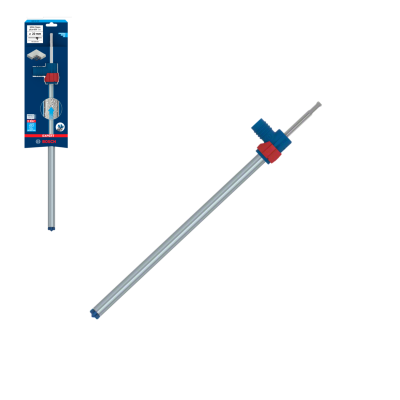 Extensor telescópico Bosch metal prateado com detalhe azul e vermelho em embalagem