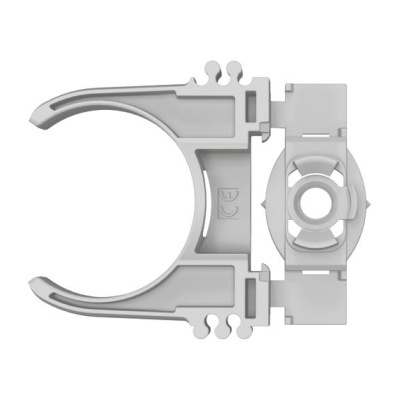 Suporte de plástico cinzento com abertura em forma de pinça e encaixes