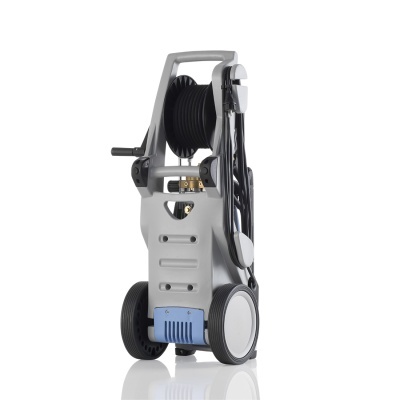 Máquina de lavagem de pressão portátil cinza com bobina preta e componentes azuis