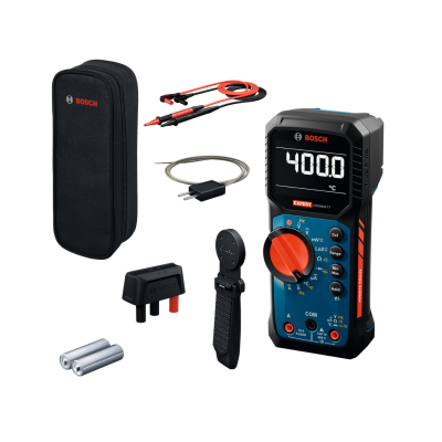 Conjunto Bosch de multímetro digital azul e preto com acessórios