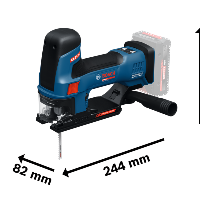 Serra de recortes Bosch azul e preta com dimensões indicadas