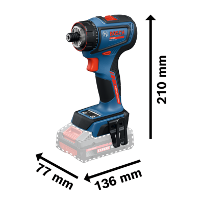 Aparafusadora Bosch azul com detalhes pretos e vermelhos e medidas indicativas