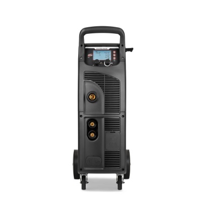 Máquina preta de soldadura vertical com visor digital e rodas