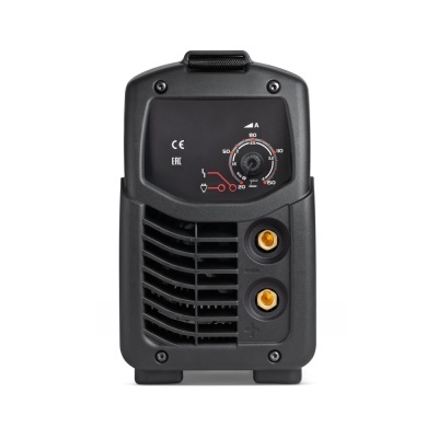 máquina de soldar preta com regulador e terminais dourados