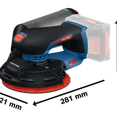 Lixadora elétrica preta, azul e vermelha Bosch com medidas indicadas e espaço para bateria
