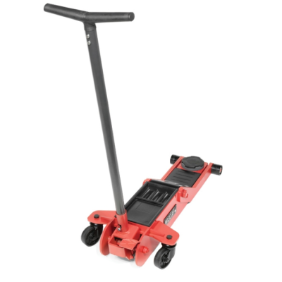 Macaco hidráulico vermelho e preto com pega em T e rodas.
