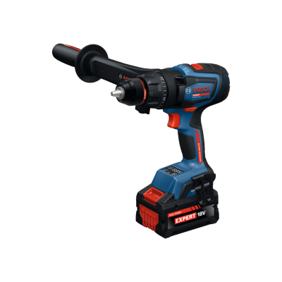 Furadeira sem fio Bosch azul e preta com detalhes vermelhos, bateria 18V e punho adicional.