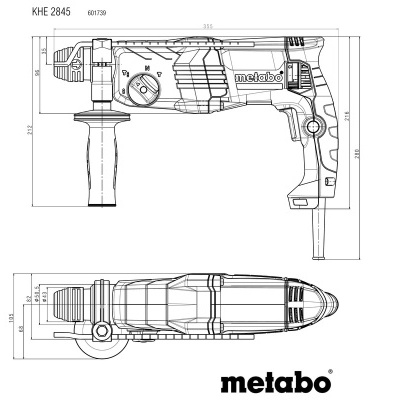 Desenho técnico de ferramenta elétrica Metabo KHE 2845 com medidas e alça lateral