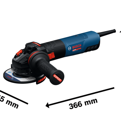 Esmerilhadora angular Bosch azul e preta com detalhes vermelhos e dimensões indicadas