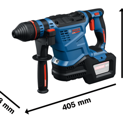 Martelo perfurador Bosch azul e preto com texto EXPERT e dimensões indicadas