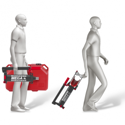 Figuras cinzentas segurando caixa de ferramentas MEGA e carrinho com cilindro vermelho e preto