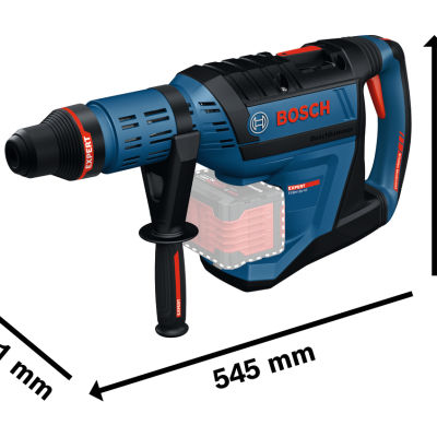 Martelo perfurador BOSCH azul e preto com punho auxiliar e dimensões indicadas