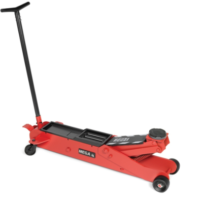 Macaco hidráulico vermelho com pega preta e rodas em fundo branco